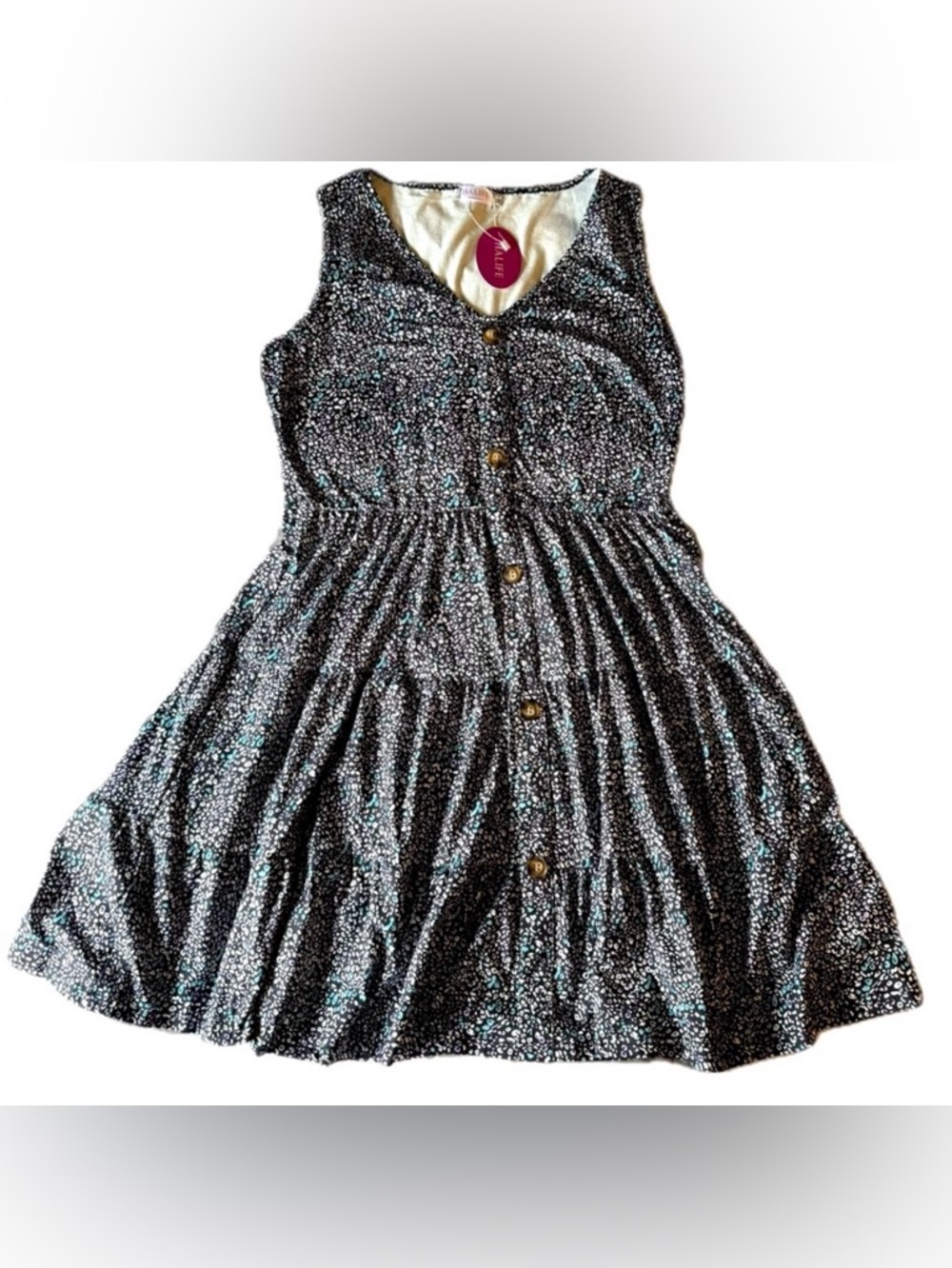 NWT HALIFE Floral Tiered Mini Sun Dress Button Front Black Teal Size Medium